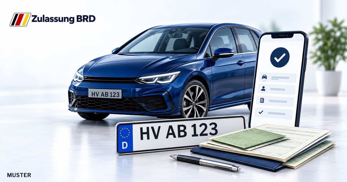 Online Fahrzeugzulassung in Stendal: Musterkennzeichen HV AB 123, Auto und Fahrzeugpapiere und Smartphone. Illustration mit Logo von Zulassung BRD.
